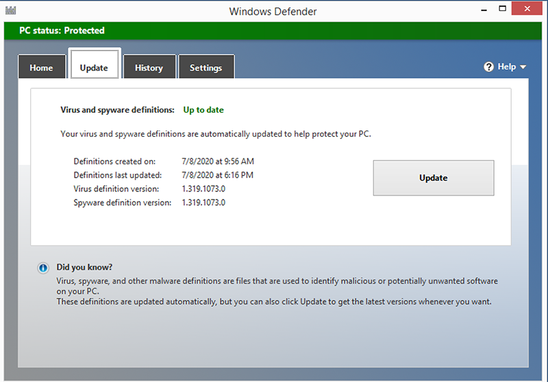 Window 8.1 Windows Defender Update Screen