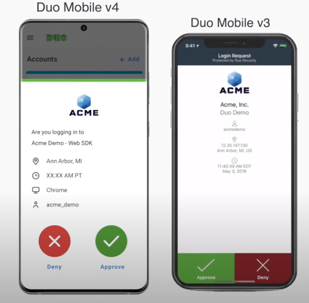 Image showing screen shots of the Duo Mobile version 4 and version 3 push notification screens.  Duo Mobile version 4 has the Approve button on the right and Deny button on the left.  In Version 3, the Approve button is on the left and the Deny button is on the right.